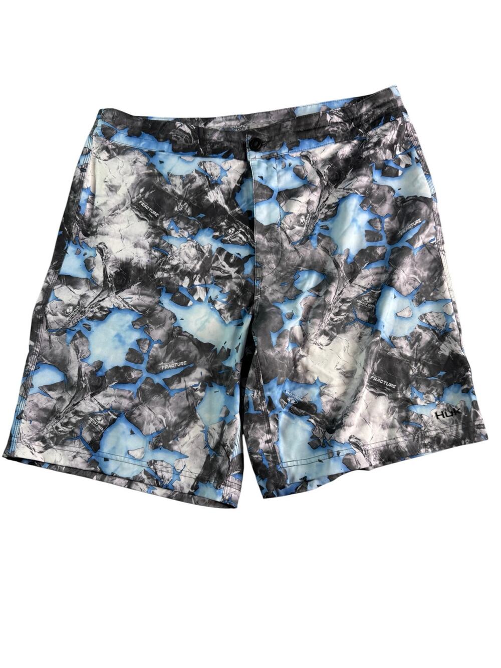 Huk Performance Fishing Shorts Men's 36 Fracture Camo Blue Stretch Hybrid